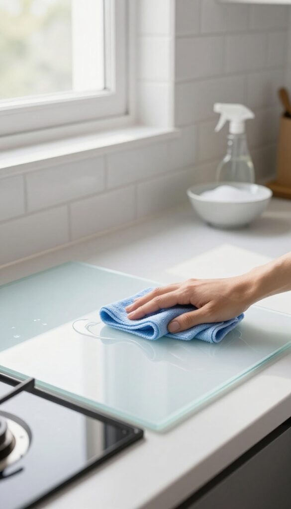 Cleaning kitchen backsplash and stovetop with microfiber cloth