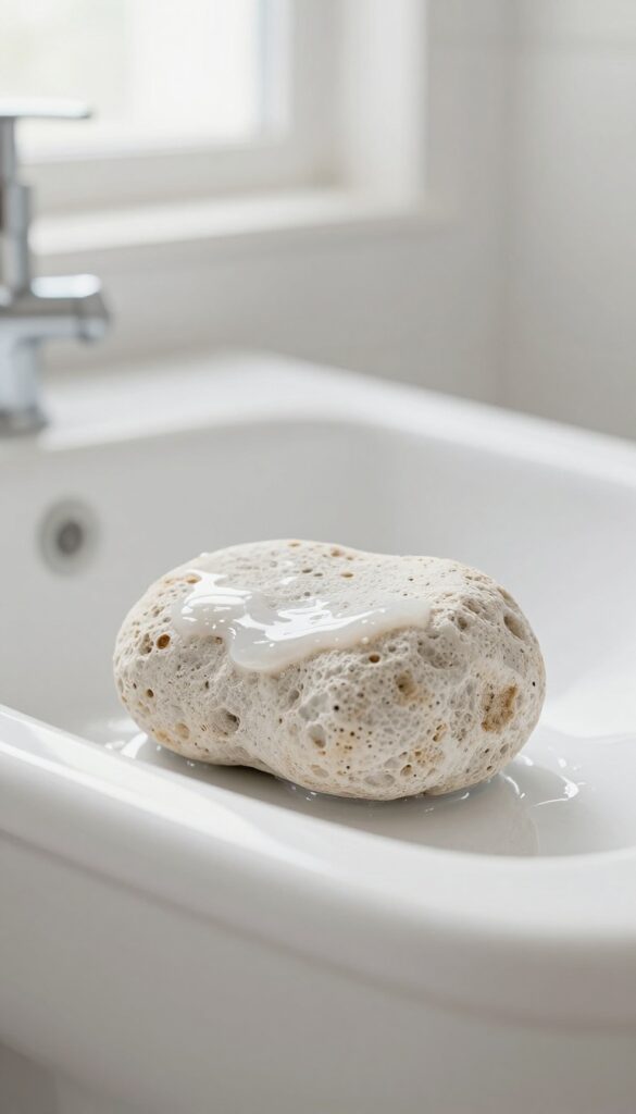 A pumice stone being used to scrub hard water stains off a toilet bowl in a bright bathroom
