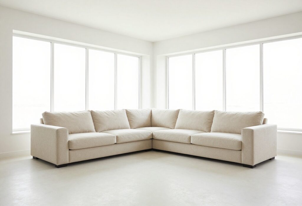 Clean beige couch in a bright living room with natural light