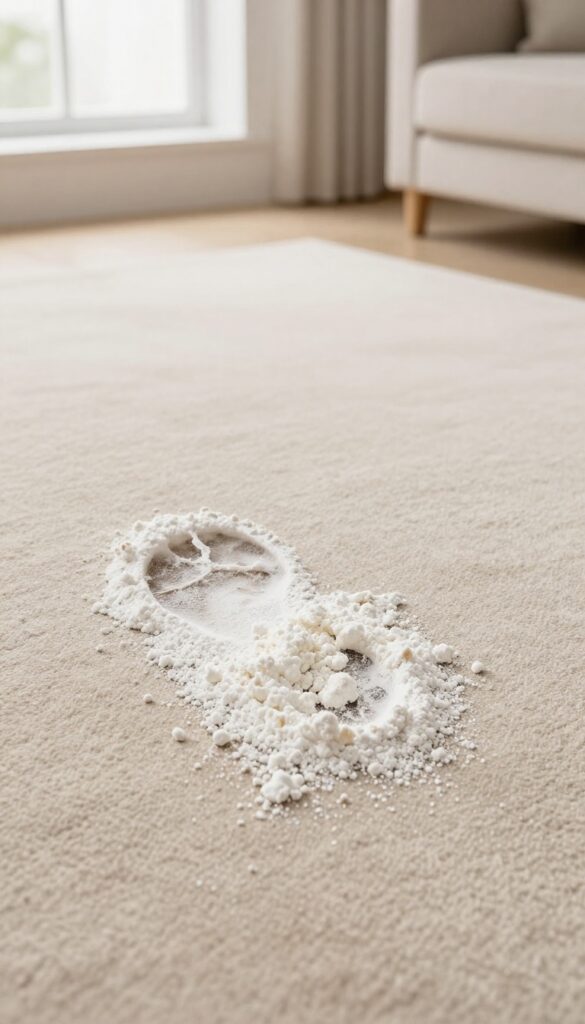 Cornstarch sprinkled over a greasy footprint on a light carpet to absorb oil stains.