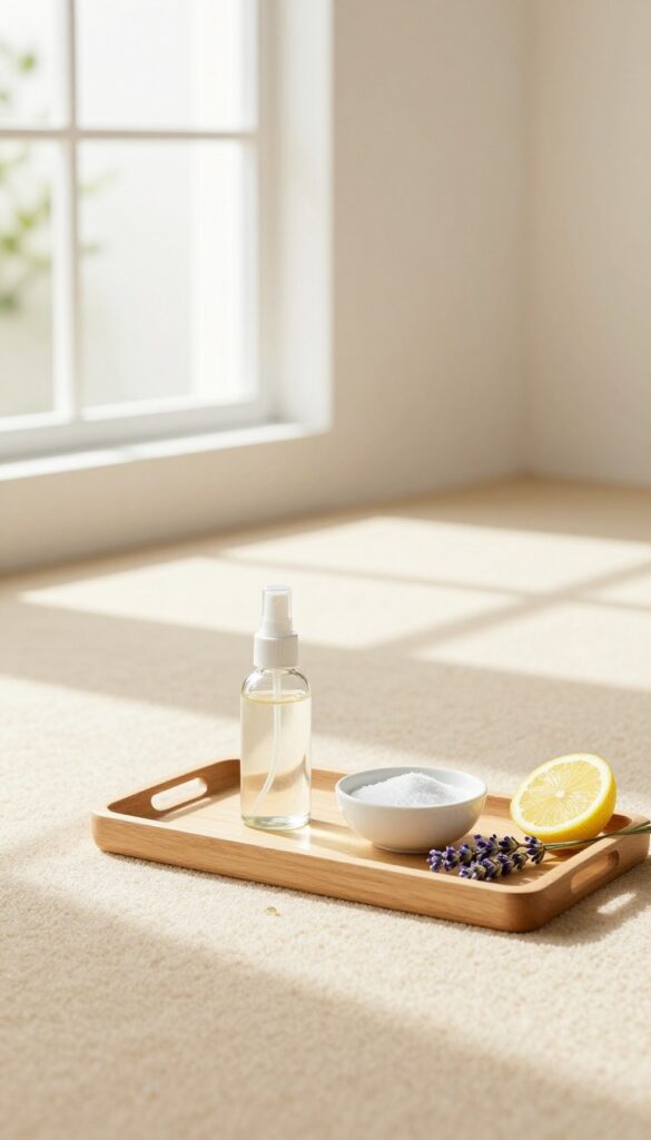 Natural carpet deodorizing with essential oils and baking soda in a sunlit living room