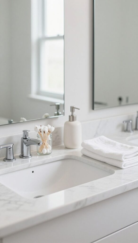 A clean and organized bathroom vanity with a marble countertop, glass jar, soap dispenser, and towel, reflecting natural light in a bright mirror.