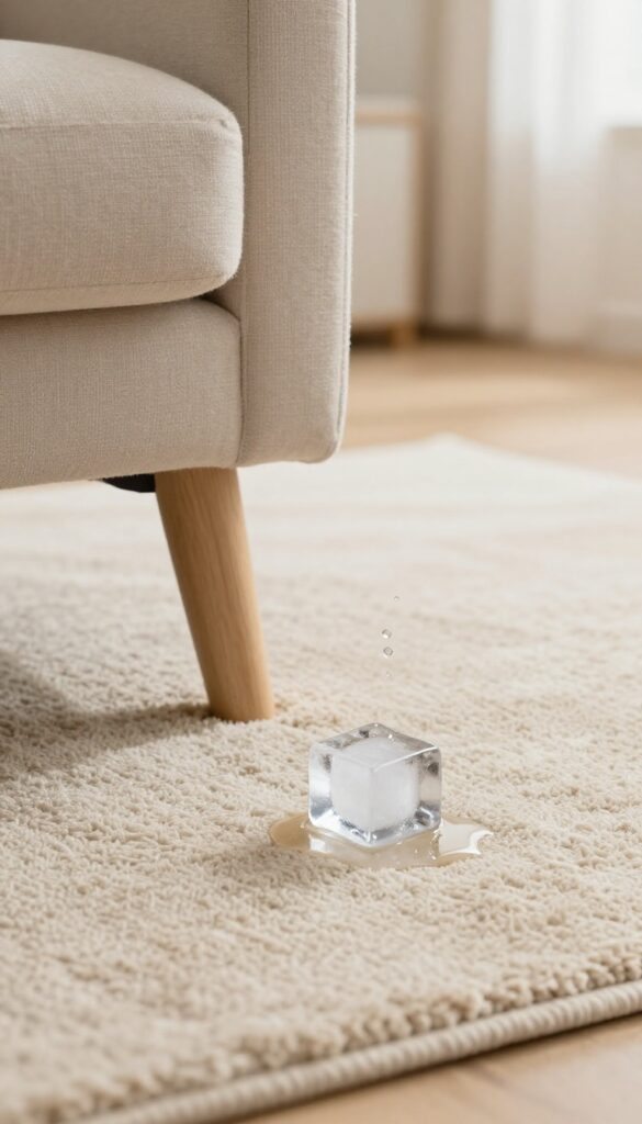 Ice cube melting in a carpet dent to re-flatten fibers