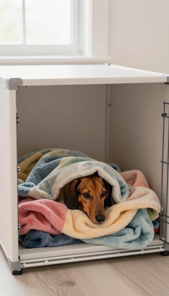 Dog crate with fleece blanket bundle for burrowing dog