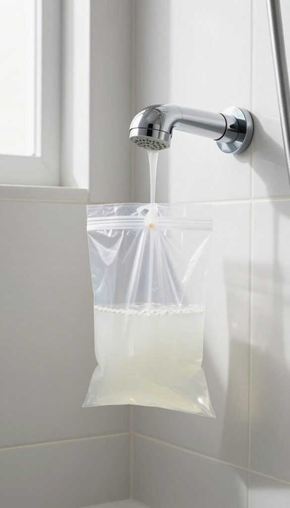 Showerhead submerged in a vinegar-filled plastic bag for descaling, with bright natural light and clean bathroom tiles.