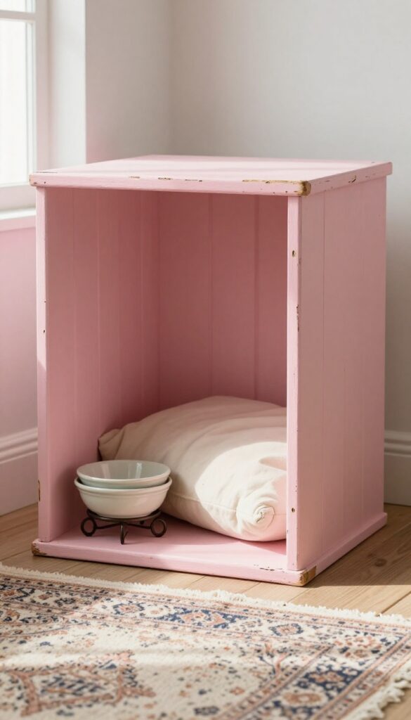 Distressed pink wooden dog crate with vintage bowls and rug in a cozy home corner