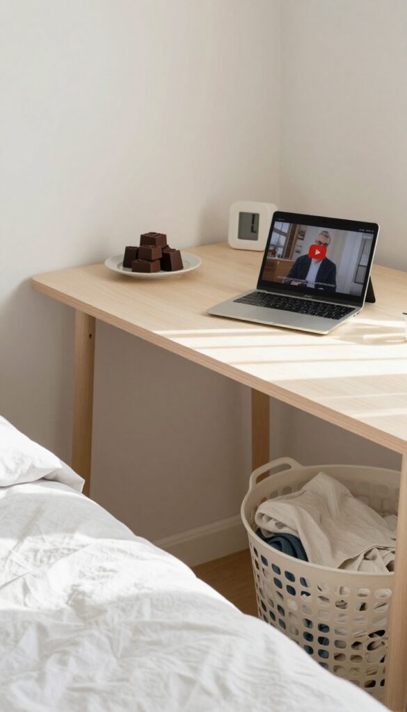 A clean, sunlit bedroom desk with a dark chocolate treat and a phone showing a YouTube video, a timer nearby, representing the reward after cleaning task idea.