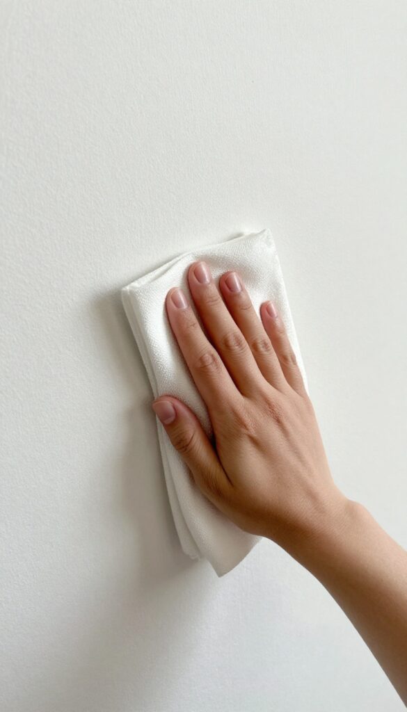Hand wiping a wall with a dryer sheet to remove dust