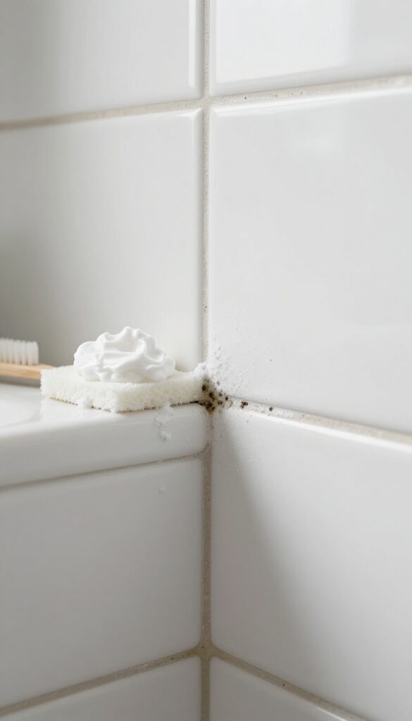 Cleaning mold from shower grout with a baking soda paste and toothbrush