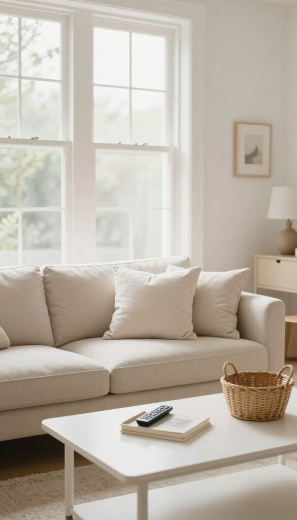 A tidy living room with a clear coffee table, fluffed pillows, and a basket, bathed in morning sunlight.