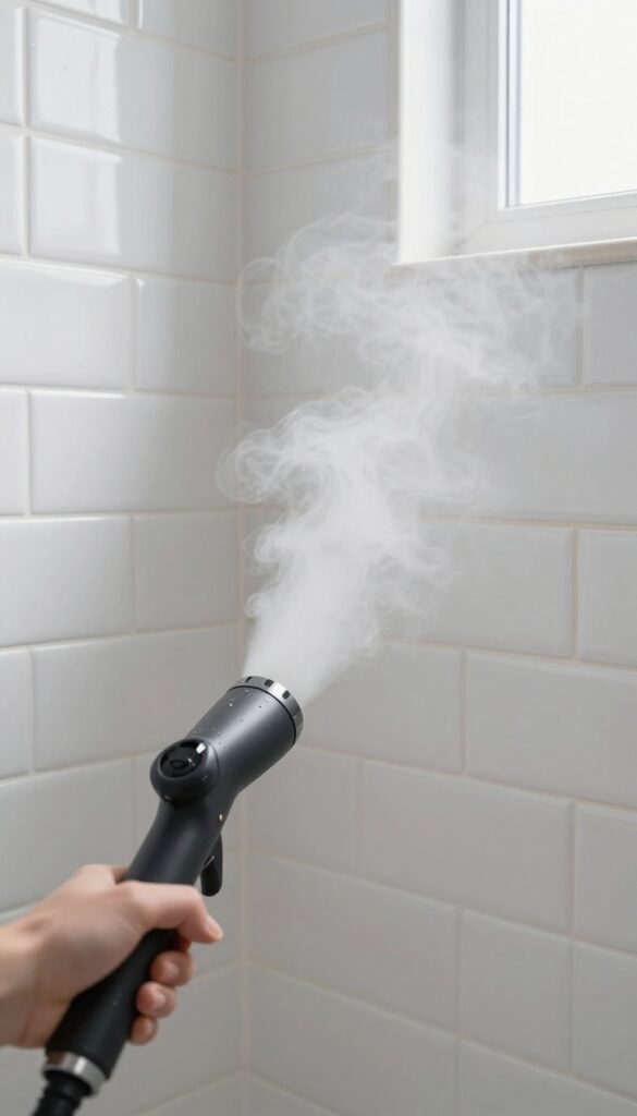 Handheld steamer cleaning grout lines in a shower