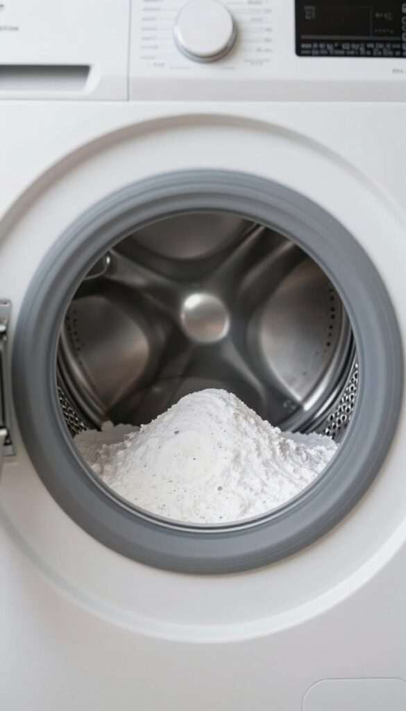 Baking soda powder inside a front loader washer drum for cleaning