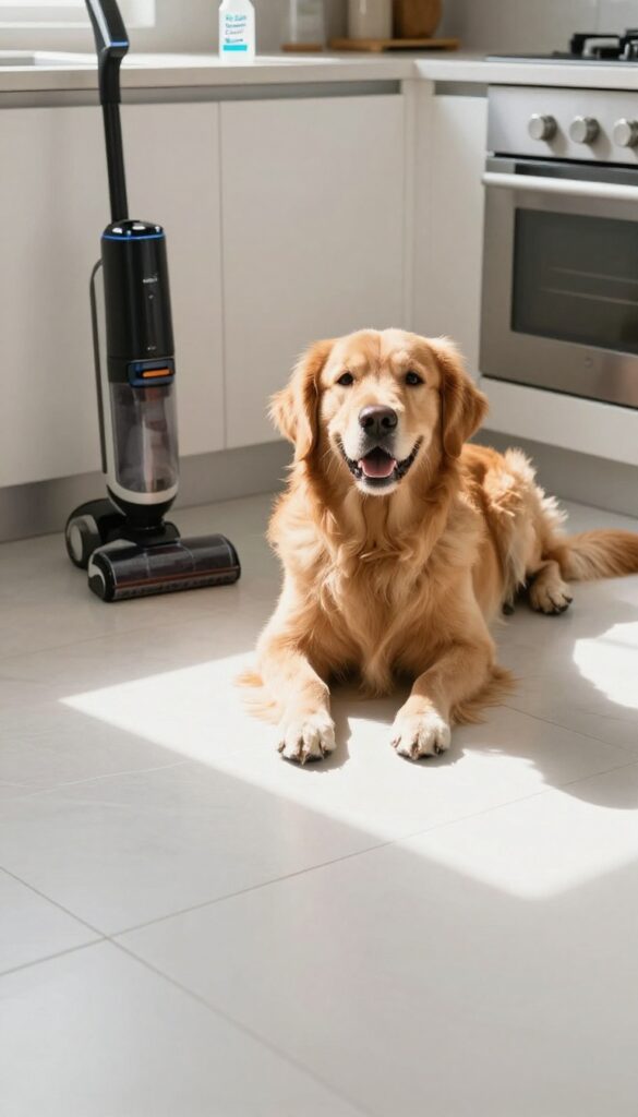 Pet-safe enzyme cleaner on a kitchen counter with a golden retriever and Tineco floor washer in bright natural light