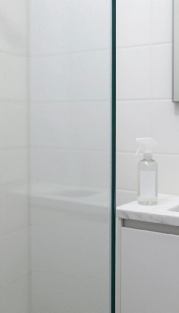 A clean glass shower door with water droplets and a spray bottle on a shelf, illustrating daily maintenance for streak-free shine.