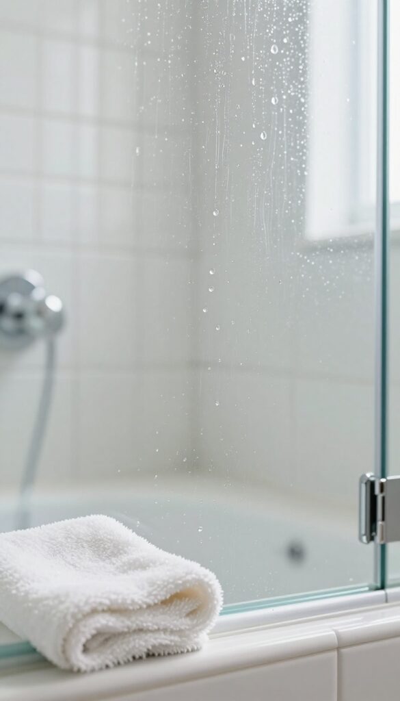 Clean glass shower door with baby oil applied, showing water beading and streak-free shine
