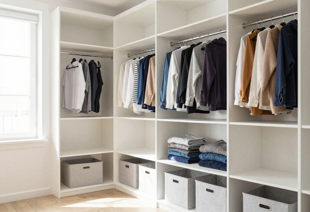 Organized closet with folded clothes and storage bins