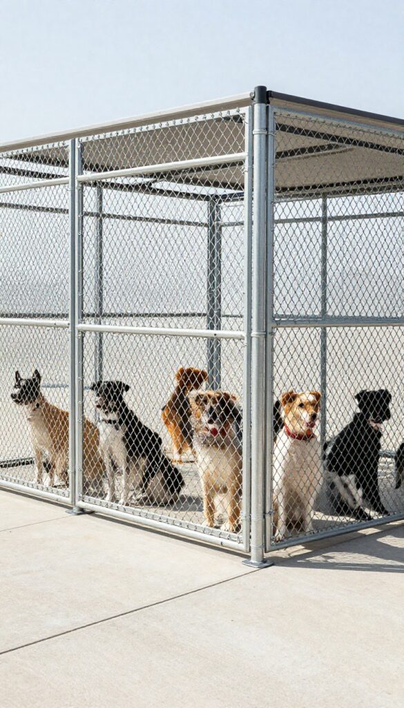 Heavy-duty chain link dog kennel with concrete base and shade canopy, multiple dogs inside