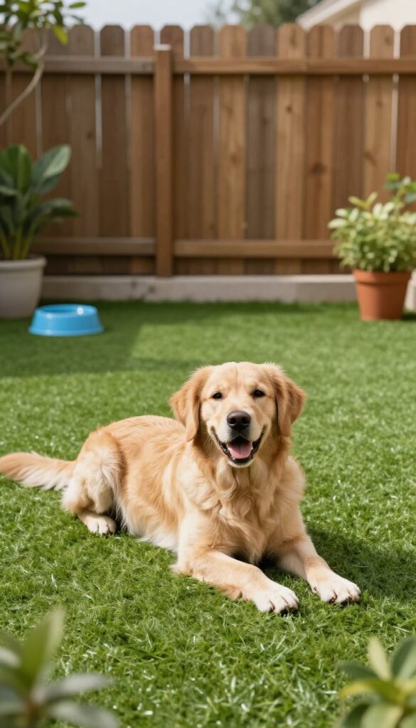 Dog-friendly backyard with artificial turf and a golden retriever