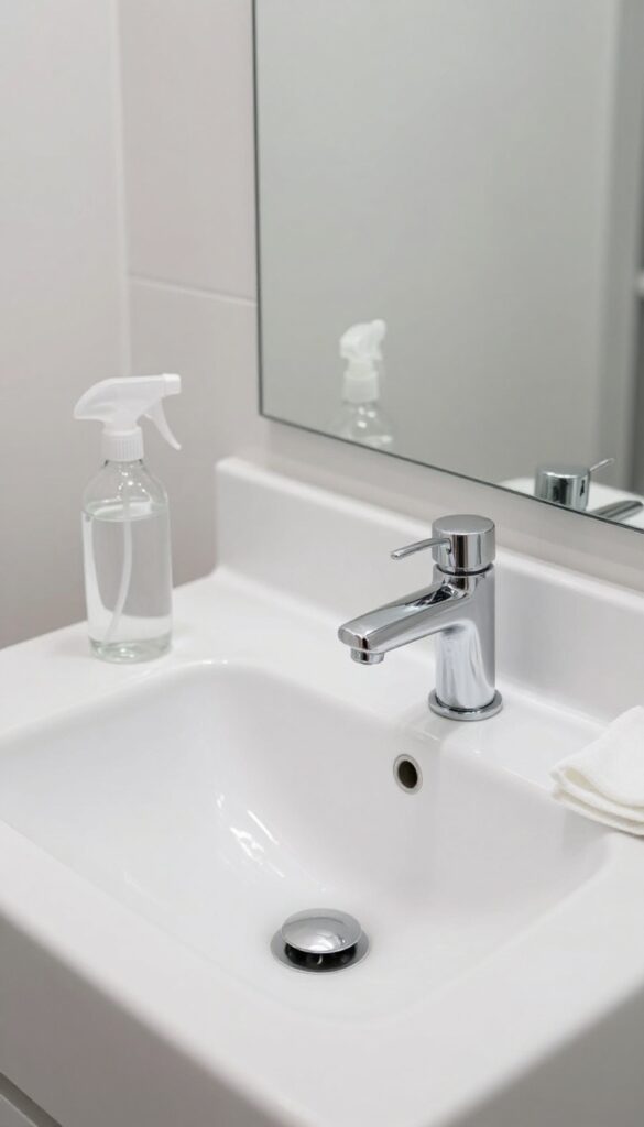 Clean bathroom sink and mirror with cleaning supplies