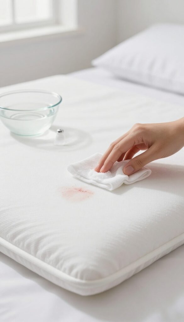 Person applying salt paste to a blood stain on a mattress with cold water nearby
