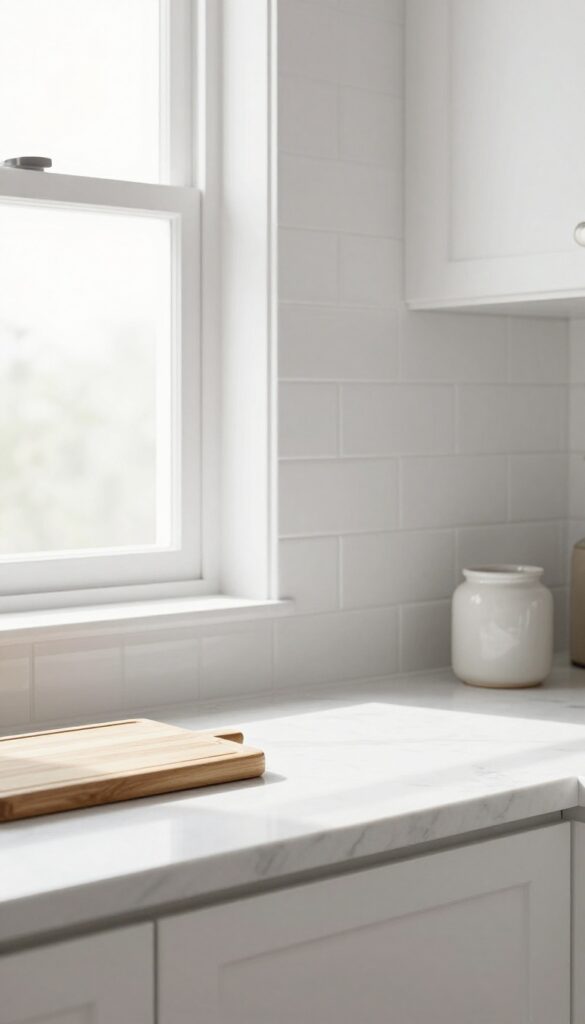 Clean kitchen counter and backsplash with natural light