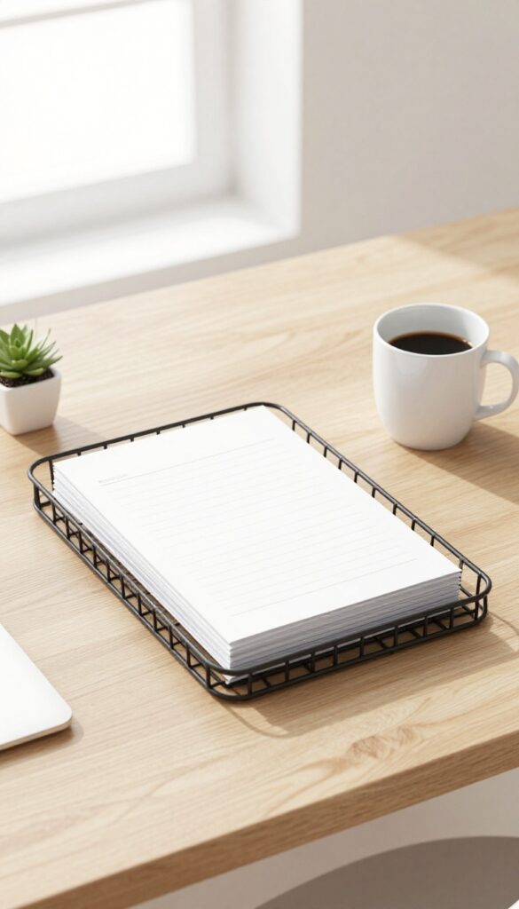 Clean desk with a single paper tray, mug, and succulent in natural light