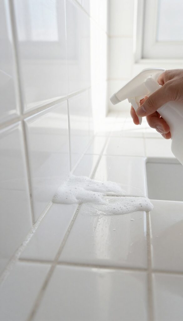 Oxygen bleach solution being sprayed onto dirty bathroom grout lines