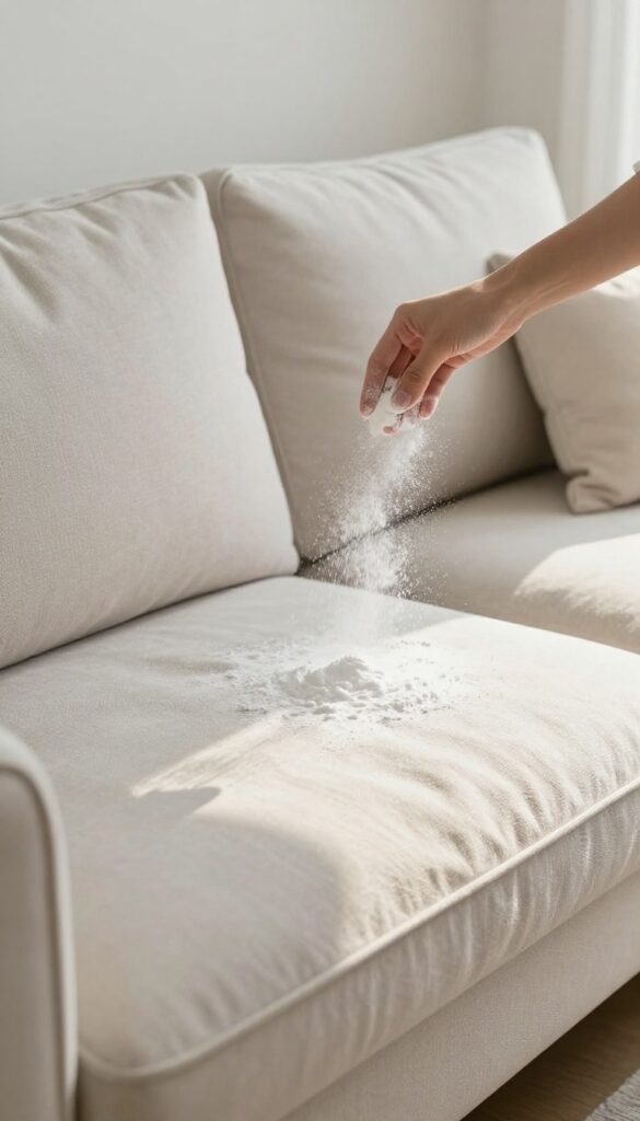 Person sprinkling baking soda on a sofa to freshen it up