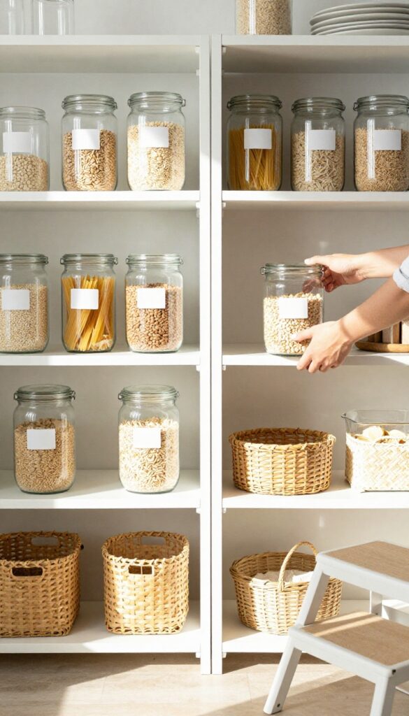 A bright, organized pantry with glass jars and woven baskets, natural light, hands placing a labeled bin.