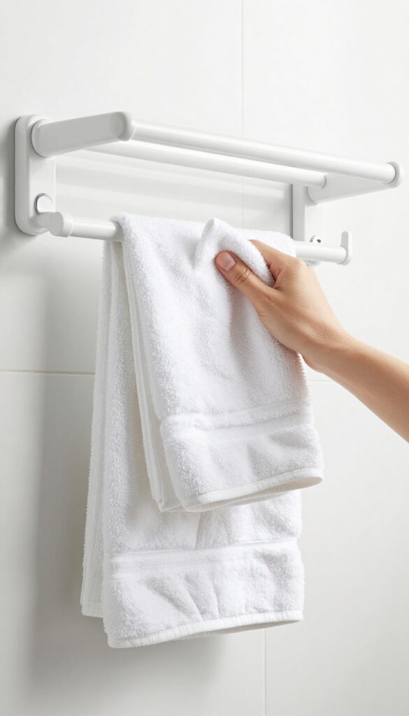 Hand wiping a towel rack with a microfiber cloth in a bright, clean bathroom
