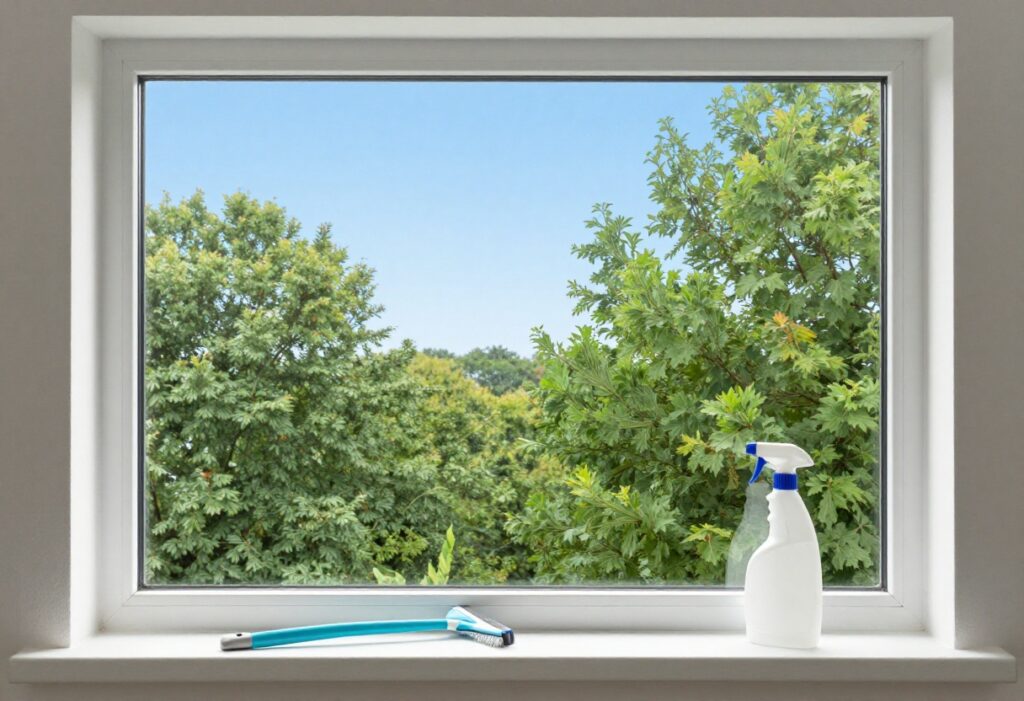 Clean window reflecting blue sky and trees with cleaning tools on sill