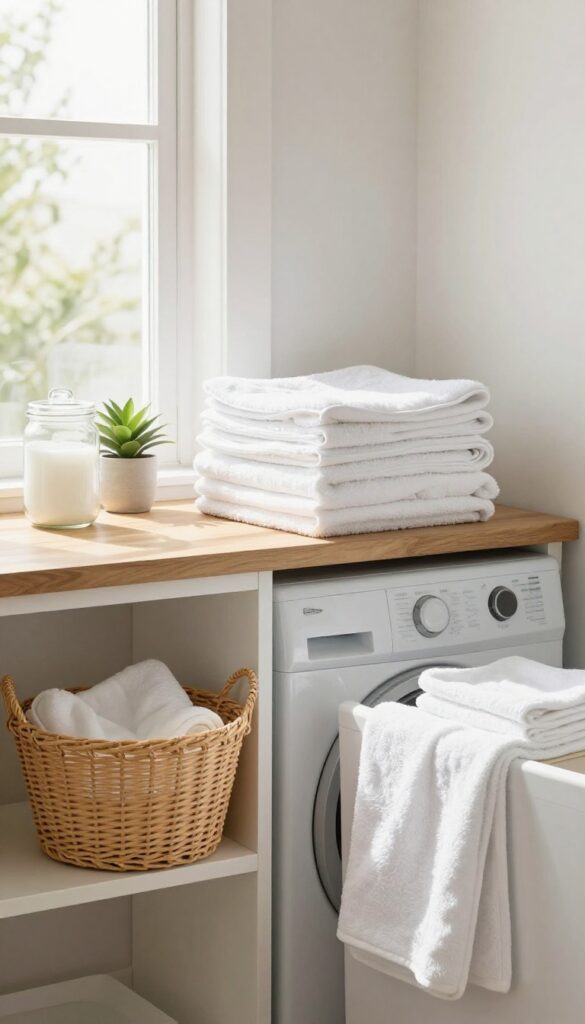Freshly folded white towels on a wooden countertop in a bright laundry room with natural light and a woven basket.