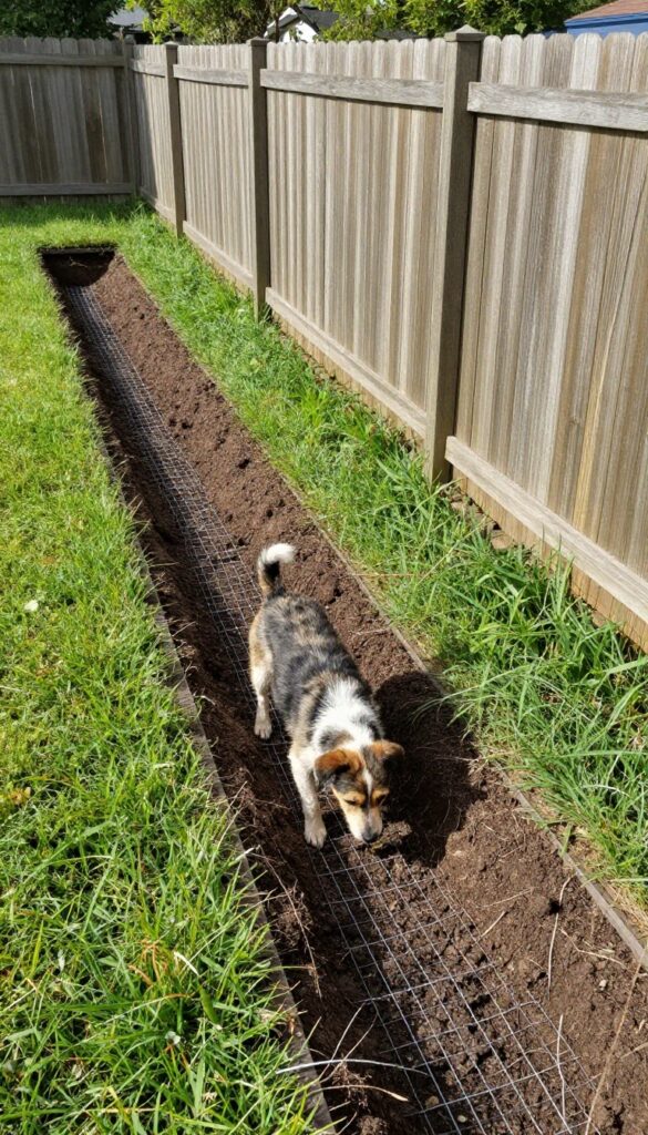 Secure backyard perimeter with dig-proof buried wire mesh barrier preventing dog from escaping