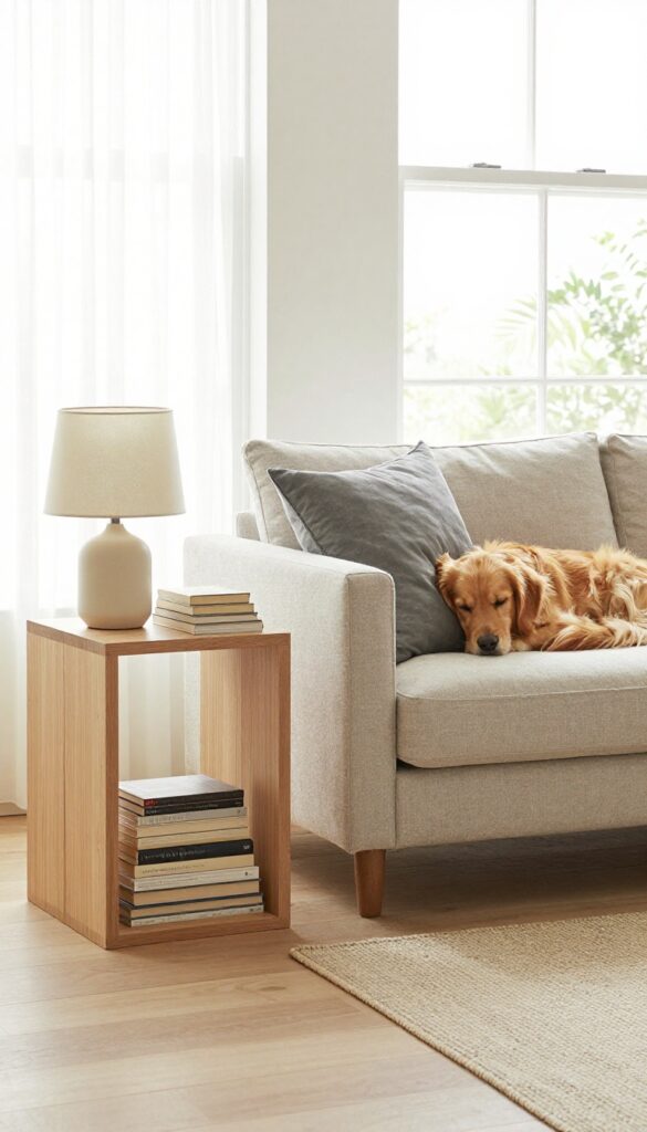 End table dog bed in a bright living room with a dog sleeping in the nook