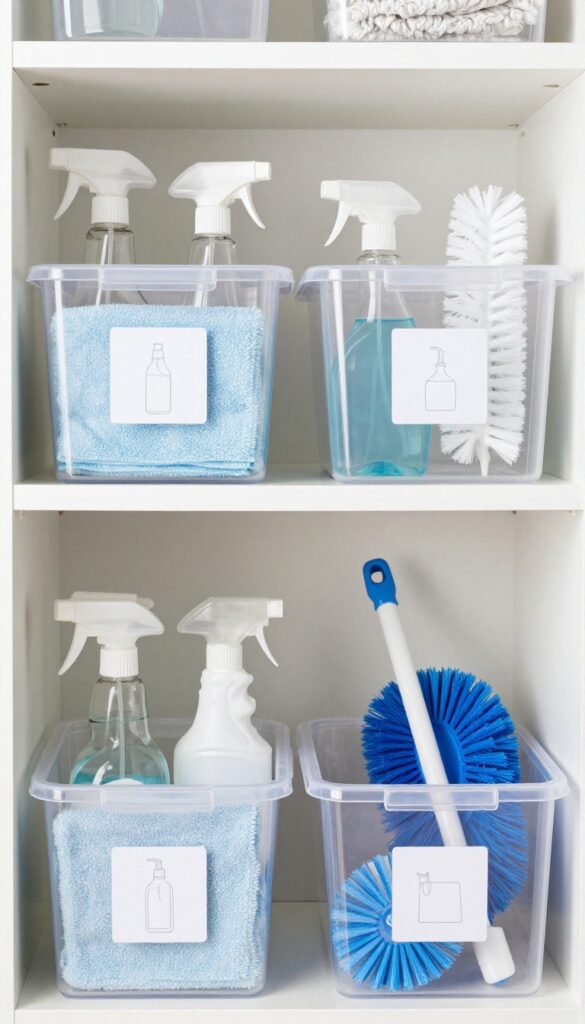 Clear plastic bins labeled by task on a shelf in a cleaning cupboard, with cleaning supplies organized inside.