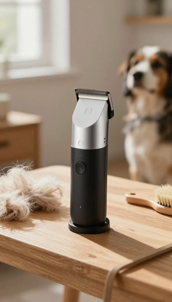Quality dog grooming clippers with adjustable blade tension and quiet motor on a wooden table next to fur