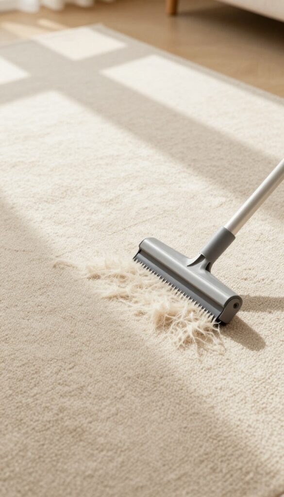 Person using a carpet rake to fluff matted carpet fibers in a sunlit living room