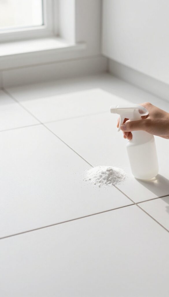 Baking soda paste on grout lines with vinegar spray bottle nearby on a clean tile floor