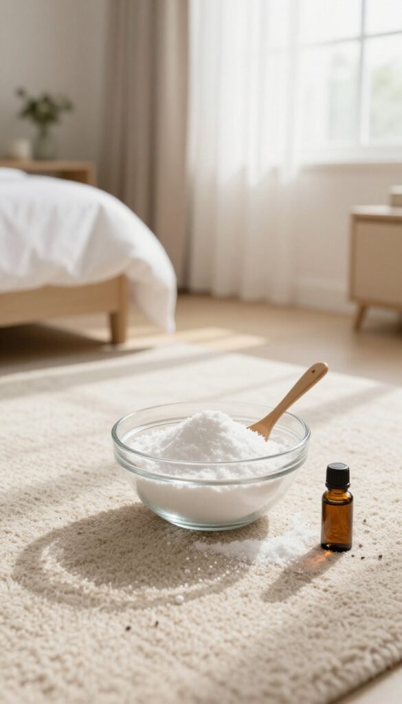 Baking soda and lavender oil on a clean carpet in a bright bedroom