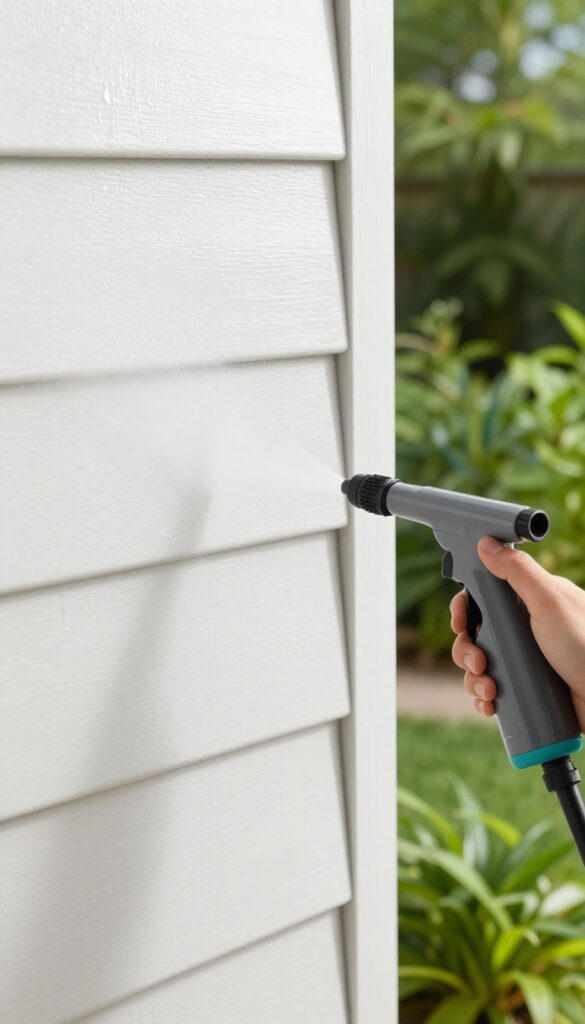 Applying bleach-free mildew cleaner to vinyl siding with a garden sprayer, with green plants in background