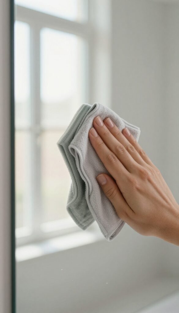 Hand wiping a mirror with a microfiber cloth in bright natural light
