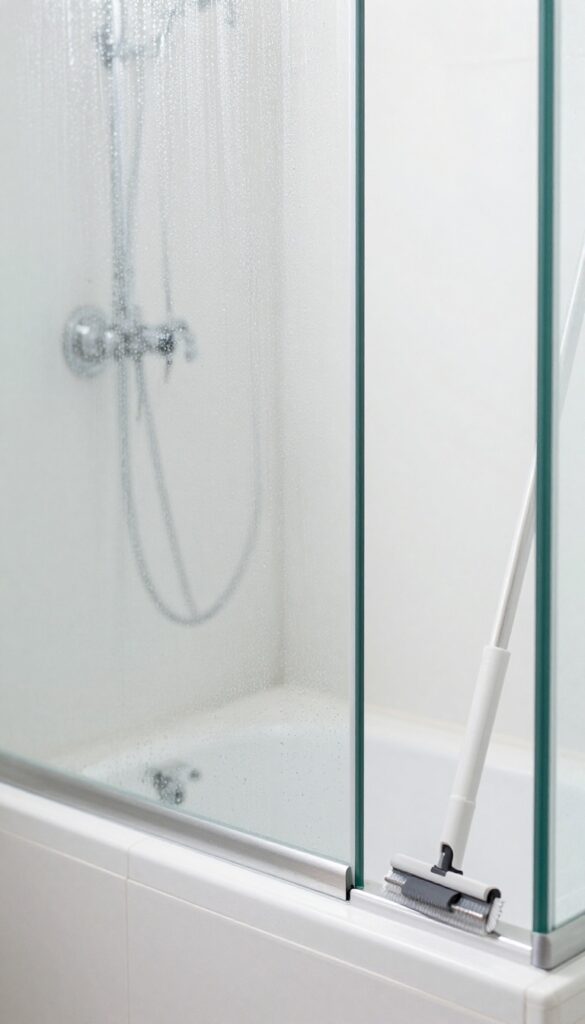 A squeegee resting on a wet glass shower door with water droplets and natural light