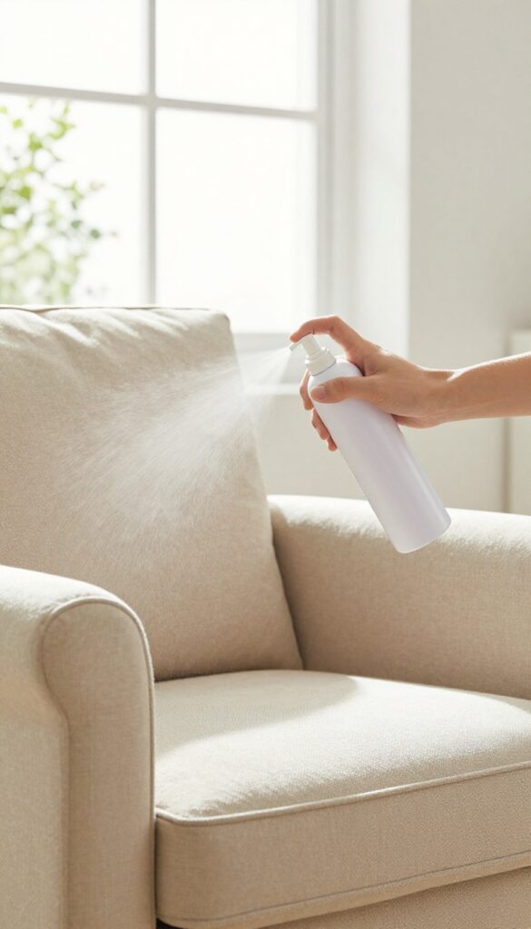 Hand applying fabric protector spray to a clean upholstered chair in a sunlit room