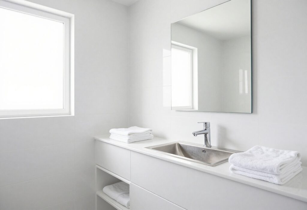 Clean bathroom with white tiles, mirror, and towels