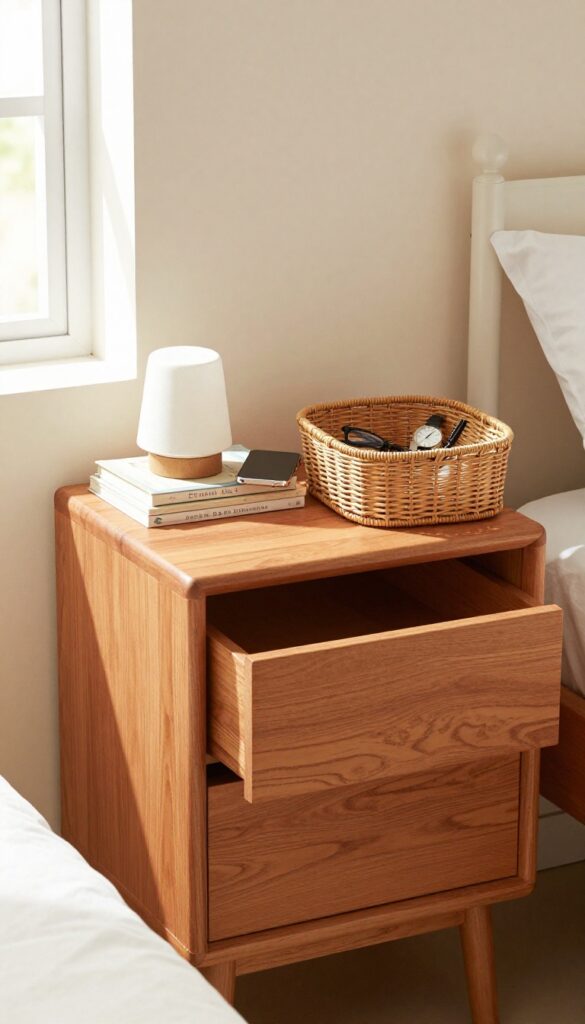 Decluttering a nightstand surface with a basket for misplaced items, clean and bright home organization scene.