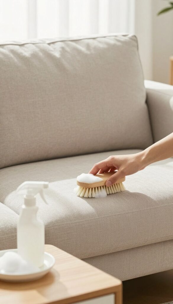 Cleaning a beige fabric couch with upholstery shampoo and a soft brush in a bright living room