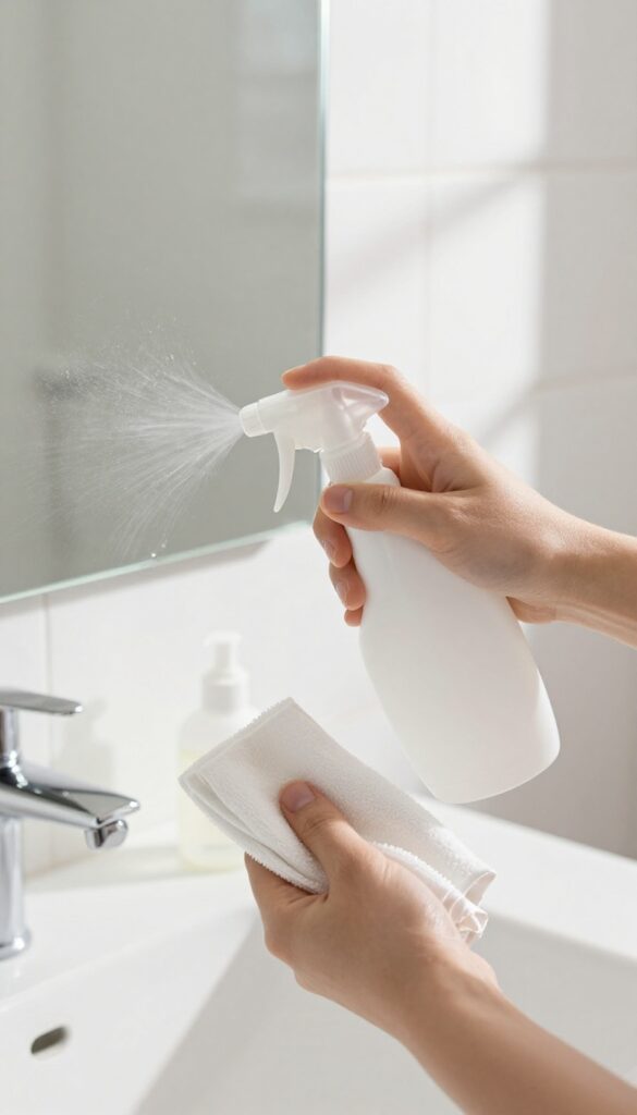 Cleaning a mirror with baby shampoo solution and a microfiber cloth, showing streak-free results.
