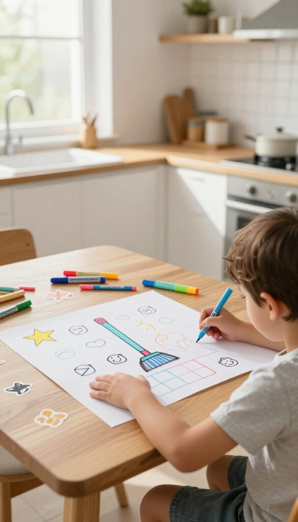 Child drawing a custom chore chart on paper with markers and stickers on a kitchen table.