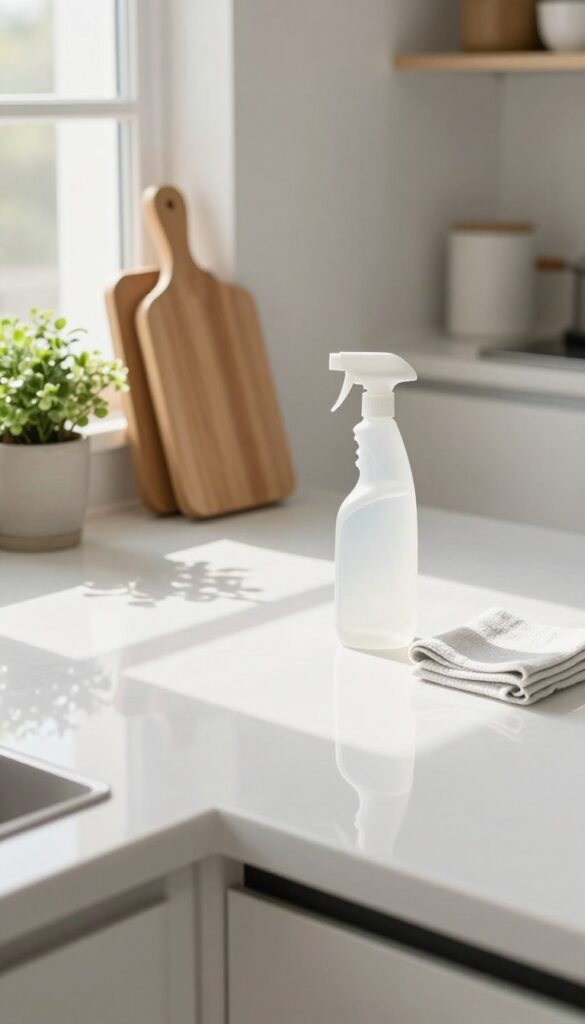 Clean kitchen countertop after decluttering, with natural light and cleaning supplies
