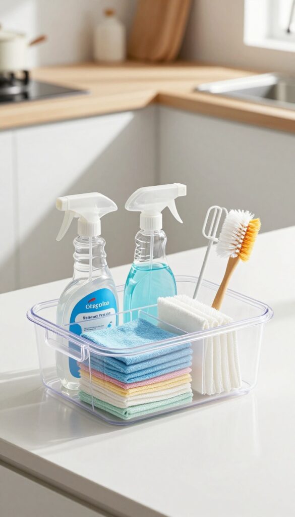 Clear plastic cleaning caddy organized with cleaning supplies on a kitchen counter in bright natural light.